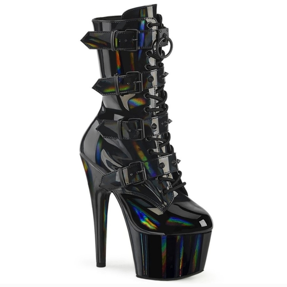 NIB Pleaser Adore 1046 Black Holographic Boots - Picture 2 of 15